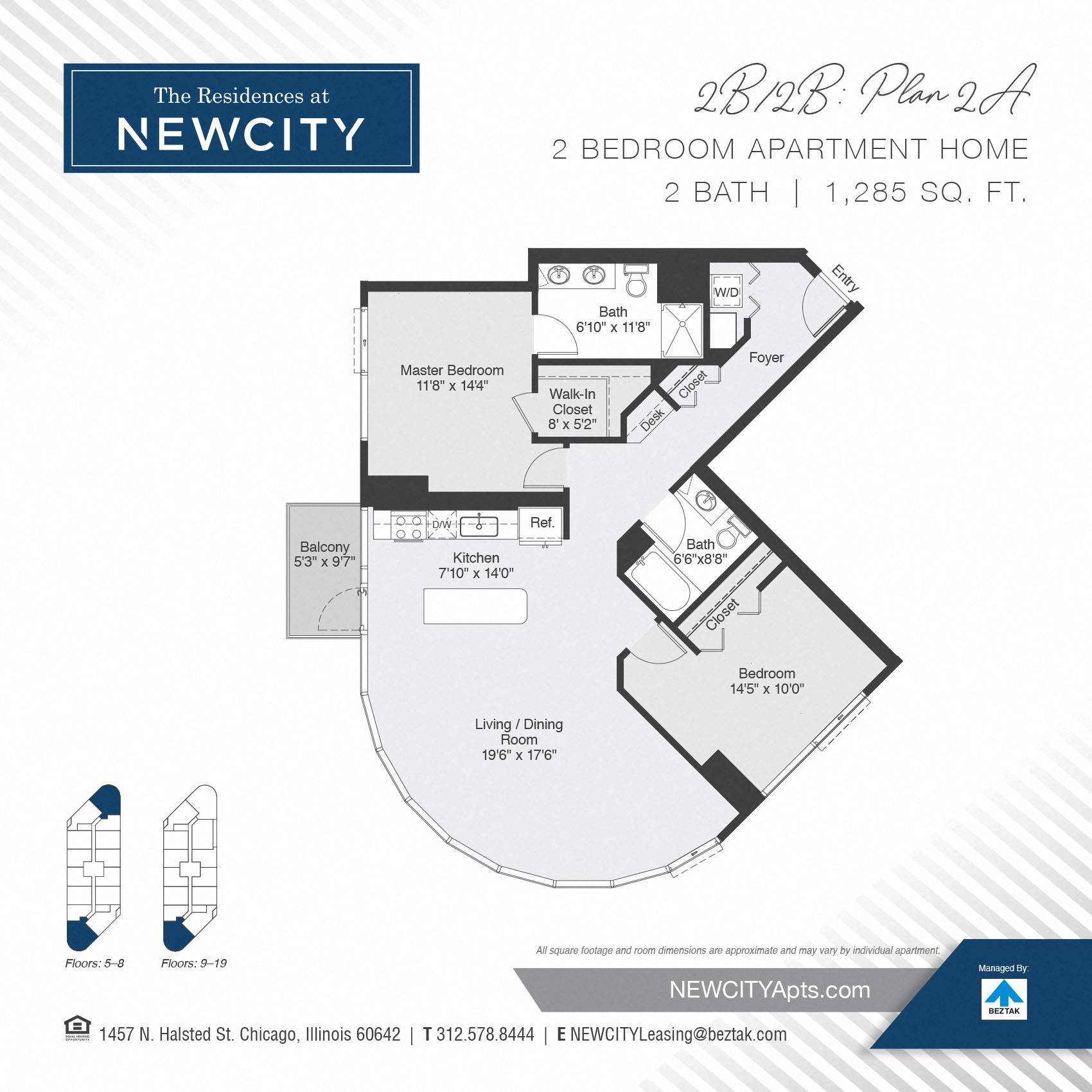 Floor plan for 2 beds, 2 baths, 1285 sqft